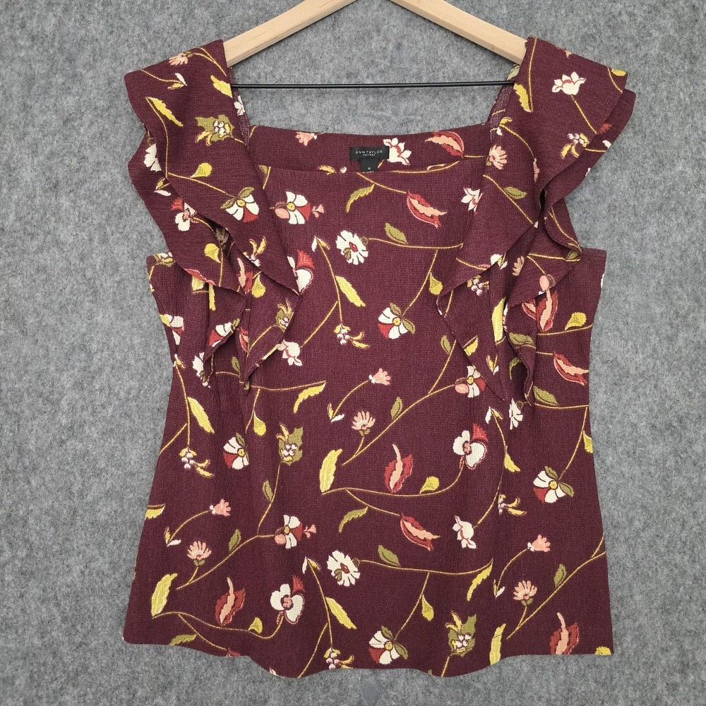 Ann Taylor Blouse Womens M Burgundy Floral Ruffle Square Neck Camisole